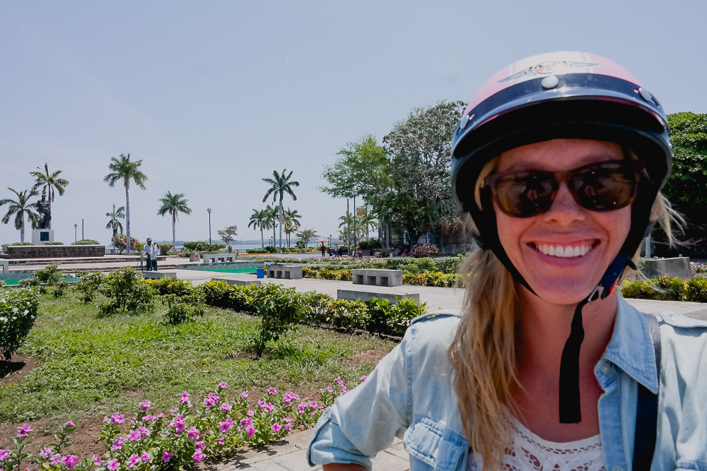 Grenada: colour coordinating my potty helmet with the pink blooms