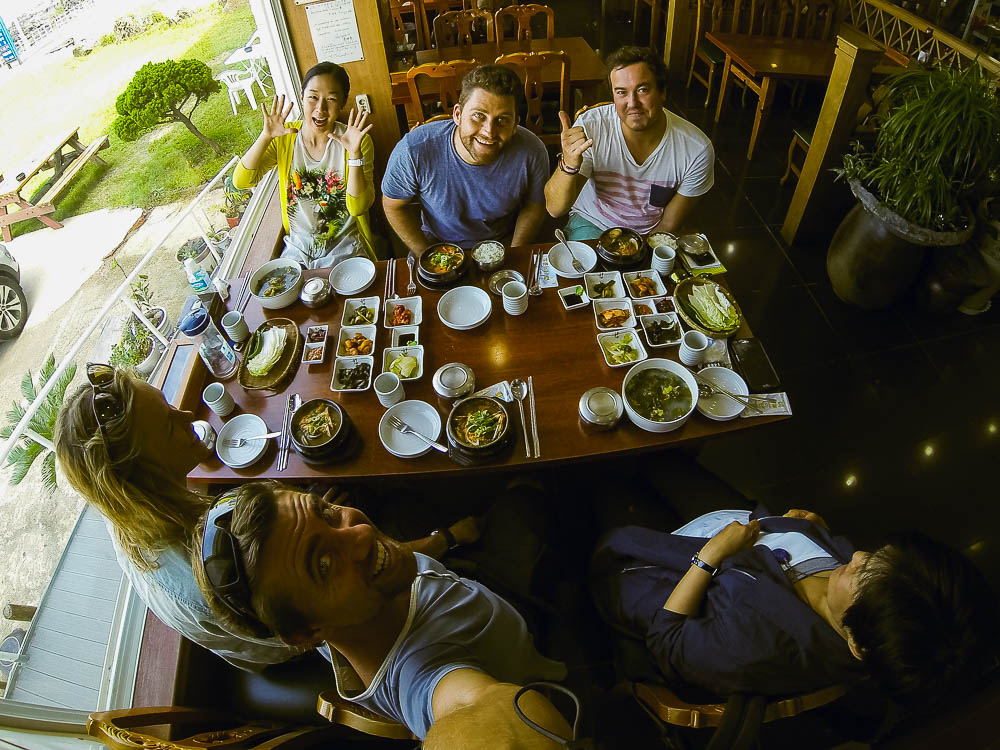 above & below: our first meal on Jeju  - L-R: Hyejin from Kia Motors, Timmy, Faan. front L-R: Kate, Rufus, Sunny our driver and guide